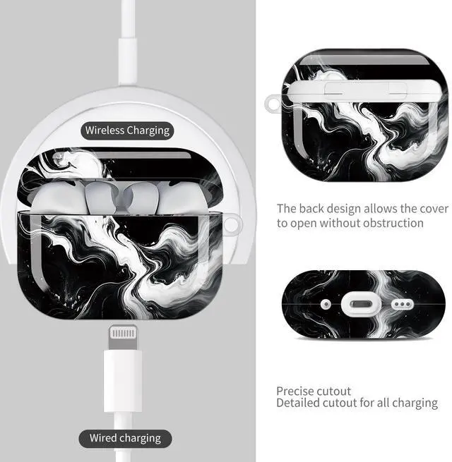 Alt view image 4 of 7 - Compatible with AirPod Pro 3 Case (2025), Shockproof Dustproof Protective Cover with Cute Golden Keychain for Women & Girls - Abstract Black White