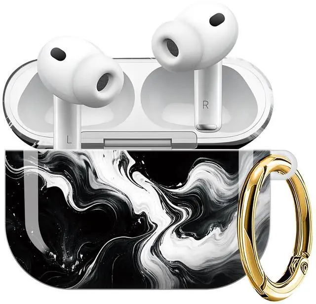 Main image of Compatible with AirPod Pro 3 Case (2025), Shockproof Dustproof Protective Cover with Cute Golden Keychain for Women & Girls - Abstract Black White