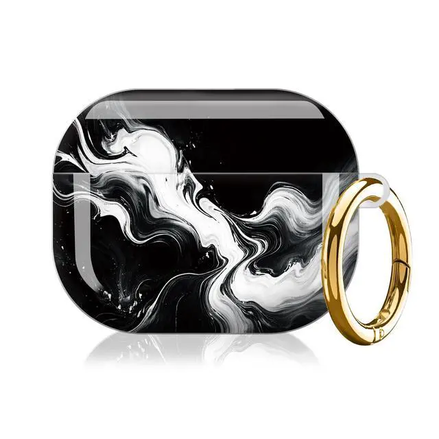 Alt view image 7 of 7 - Compatible with AirPod Pro 3 Case (2025), Shockproof Dustproof Protective Cover with Cute Golden Keychain for Women & Girls - Abstract Black White
