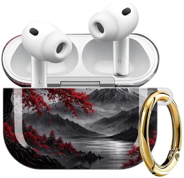 Main image of Compatible with AirPod Pro 3 Case (2025), Shockproof Dustproof Protective Cover with Cute Golden Keychain for Women & Girls - Red Tree Moon Mountains Lake Night