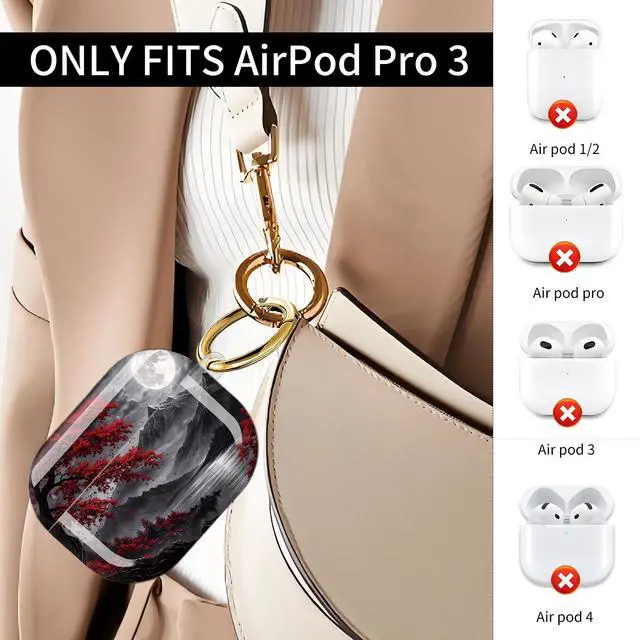 Alt view image 2 of 7 - Compatible with AirPod Pro 3 Case (2025), Shockproof Dustproof Protective Cover with Cute Golden Keychain for Women & Girls - Red Tree Moon Mountains Lake Night