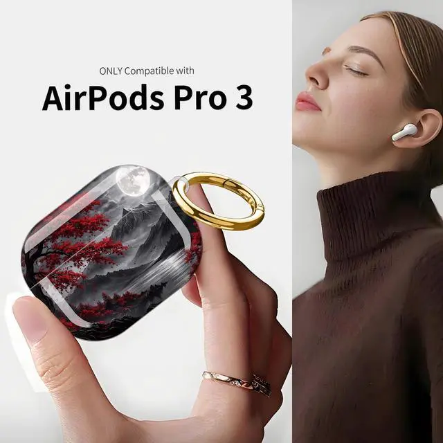 Alt view image 3 of 7 - Compatible with AirPod Pro 3 Case (2025), Shockproof Dustproof Protective Cover with Cute Golden Keychain for Women & Girls - Red Tree Moon Mountains Lake Night
