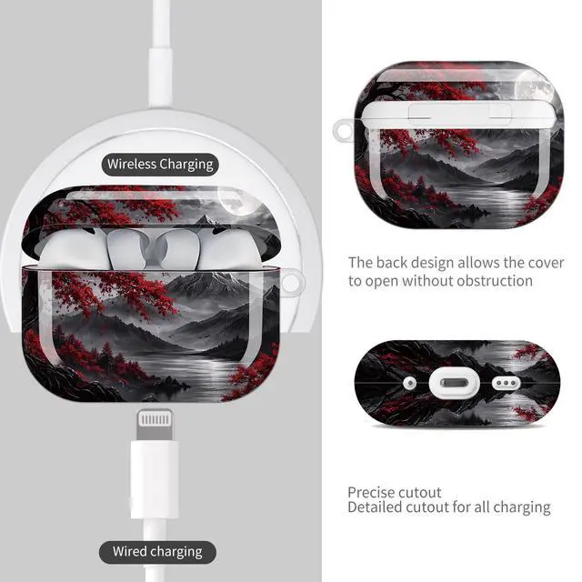 Alt view image 4 of 7 - Compatible with AirPod Pro 3 Case (2025), Shockproof Dustproof Protective Cover with Cute Golden Keychain for Women & Girls - Red Tree Moon Mountains Lake Night