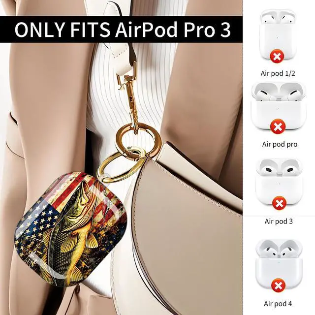 Alt view image 2 of 7 - Compatible with AirPod Pro 3 Case (2025), Shockproof Dustproof Protective Cover with Cute Golden Keychain for Women & Girls - American Flag Fishing