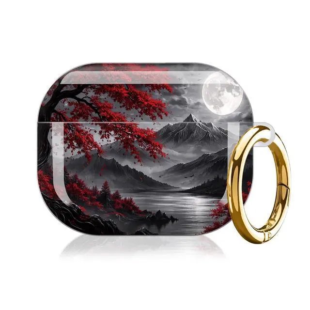 Alt view image 7 of 7 - Compatible with AirPod Pro 3 Case (2025), Shockproof Dustproof Protective Cover with Cute Golden Keychain for Women & Girls - Red Tree Moon Mountains Lake Night