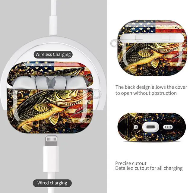 Alt view image 4 of 7 - Compatible with AirPod Pro 3 Case (2025), Shockproof Dustproof Protective Cover with Cute Golden Keychain for Women & Girls - American Flag Fishing