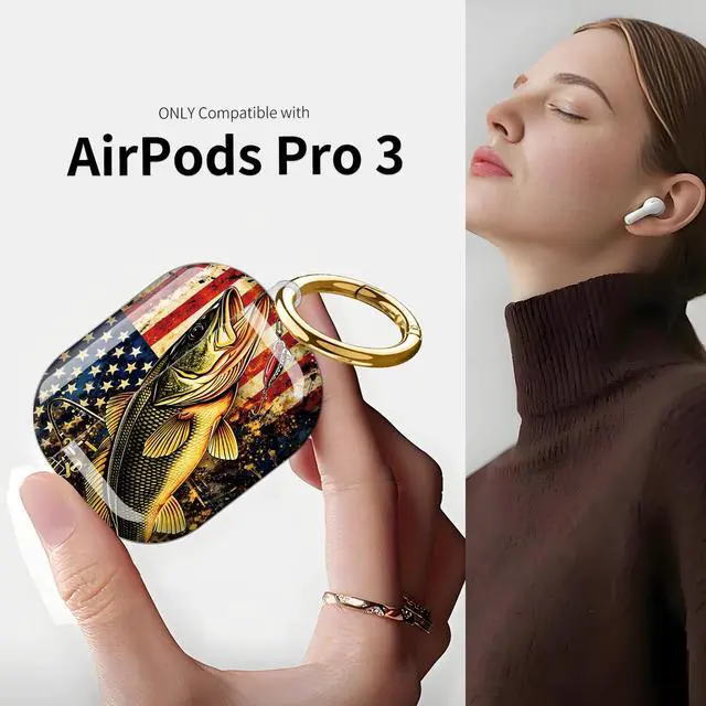Alt view image 3 of 7 - Compatible with AirPod Pro 3 Case (2025), Shockproof Dustproof Protective Cover with Cute Golden Keychain for Women & Girls - American Flag Fishing