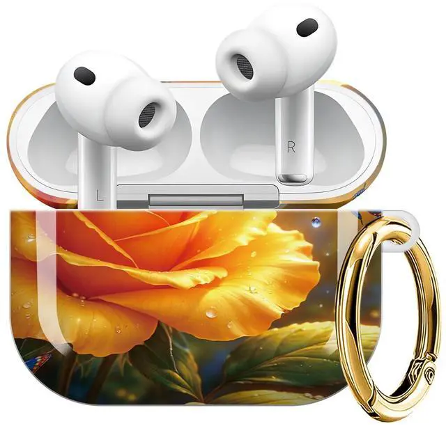Main image of Compatible with AirPod Pro 3 Case (2025), Shockproof Dustproof Protective Cover with Cute Golden Keychain for Women & Girls - Golden Rose Blue Butterfly Sunlight