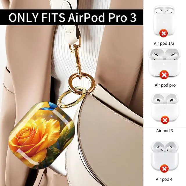 Alt view image 2 of 7 - Compatible with AirPod Pro 3 Case (2025), Shockproof Dustproof Protective Cover with Cute Golden Keychain for Women & Girls - Golden Rose Blue Butterfly Sunlight