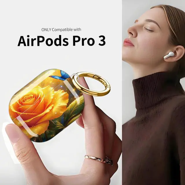 Alt view image 3 of 7 - Compatible with AirPod Pro 3 Case (2025), Shockproof Dustproof Protective Cover with Cute Golden Keychain for Women & Girls - Golden Rose Blue Butterfly Sunlight