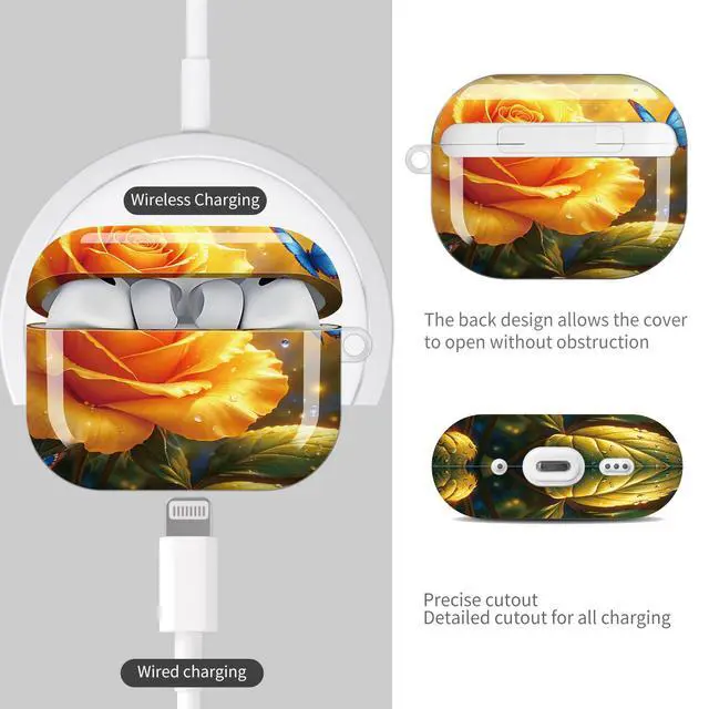 Alt view image 4 of 7 - Compatible with AirPod Pro 3 Case (2025), Shockproof Dustproof Protective Cover with Cute Golden Keychain for Women & Girls - Golden Rose Blue Butterfly Sunlight