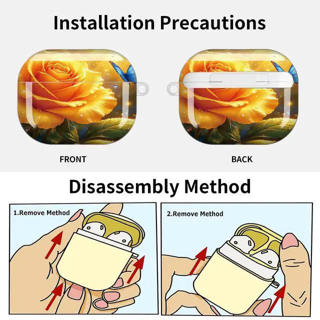 Alt view image 6 of 7 - Compatible with AirPod Pro 3 Case (2025), Shockproof Dustproof Protective Cover with Cute Golden Keychain for Women & Girls - Golden Rose Blue Butterfly Sunlight