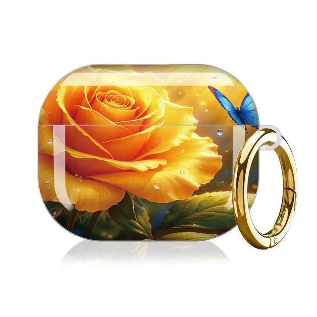 Alt view image 7 of 7 - Compatible with AirPod Pro 3 Case (2025), Shockproof Dustproof Protective Cover with Cute Golden Keychain for Women & Girls - Golden Rose Blue Butterfly Sunlight