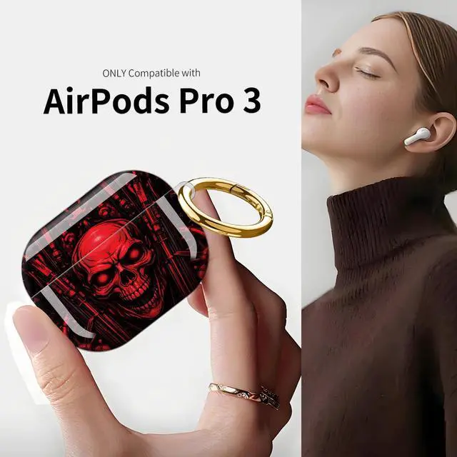 Alt view image 3 of 7 - Compatible with AirPod Pro 3 Case (2025), Shockproof Dustproof Protective Cover with Cute Golden Keychain for Women & Girls - Red Skull