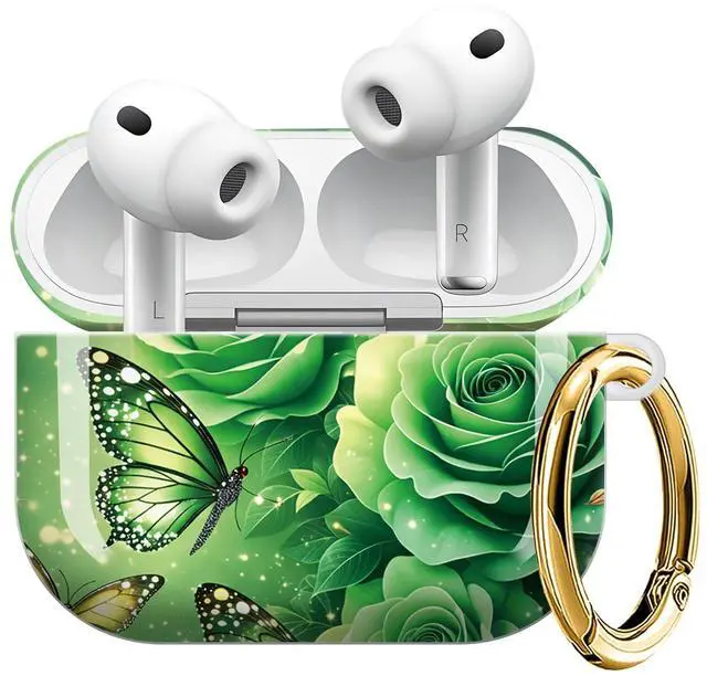Main image of Compatible with AirPod Pro 3 Case (2025), Shockproof Dustproof Protective Cover with Cute Golden Keychain for Women & Girls - Green Rose Butterfly