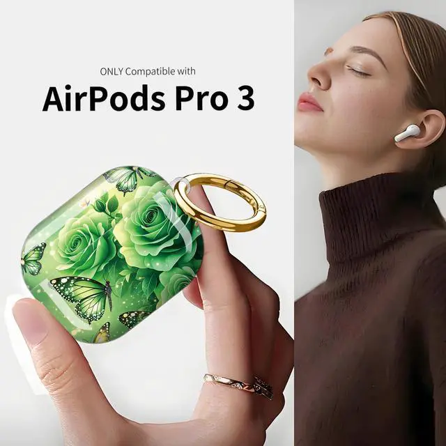 Alt view image 3 of 7 - Compatible with AirPod Pro 3 Case (2025), Shockproof Dustproof Protective Cover with Cute Golden Keychain for Women & Girls - Green Rose Butterfly