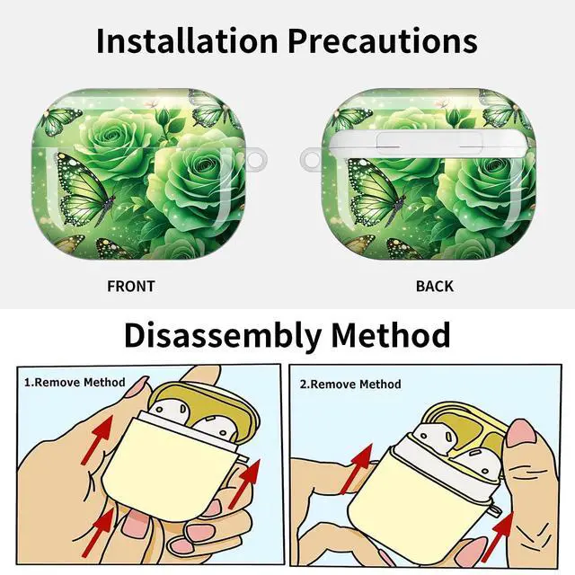 Alt view image 6 of 7 - Compatible with AirPod Pro 3 Case (2025), Shockproof Dustproof Protective Cover with Cute Golden Keychain for Women & Girls - Green Rose Butterfly