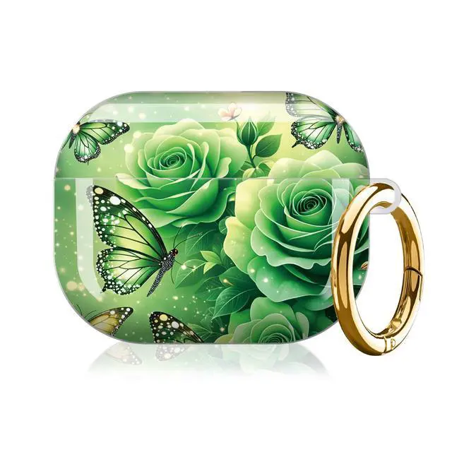 Alt view image 7 of 7 - Compatible with AirPod Pro 3 Case (2025), Shockproof Dustproof Protective Cover with Cute Golden Keychain for Women & Girls - Green Rose Butterfly