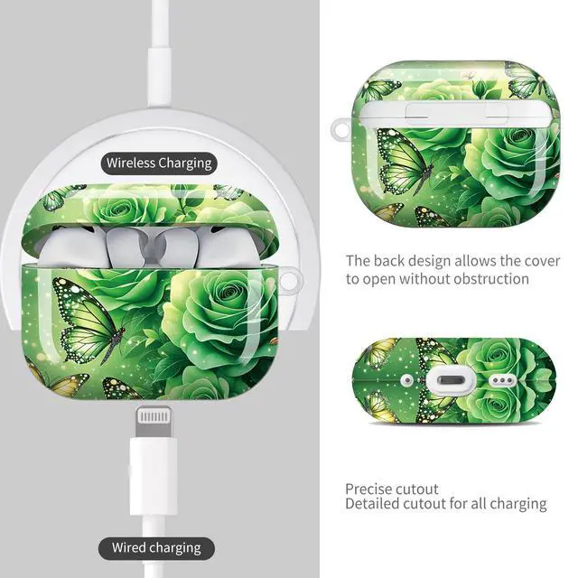 Alt view image 4 of 7 - Compatible with AirPod Pro 3 Case (2025), Shockproof Dustproof Protective Cover with Cute Golden Keychain for Women & Girls - Green Rose Butterfly