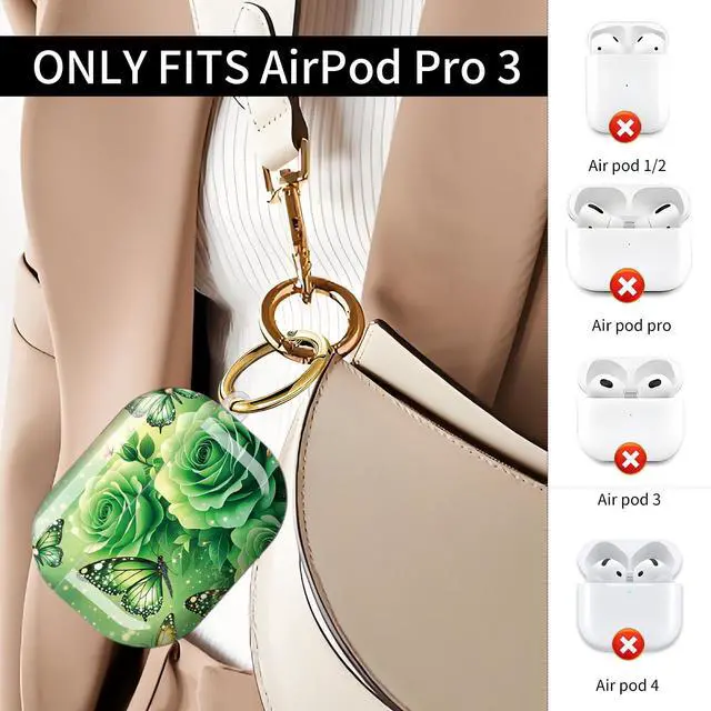 Alt view image 2 of 7 - Compatible with AirPod Pro 3 Case (2025), Shockproof Dustproof Protective Cover with Cute Golden Keychain for Women & Girls - Green Rose Butterfly
