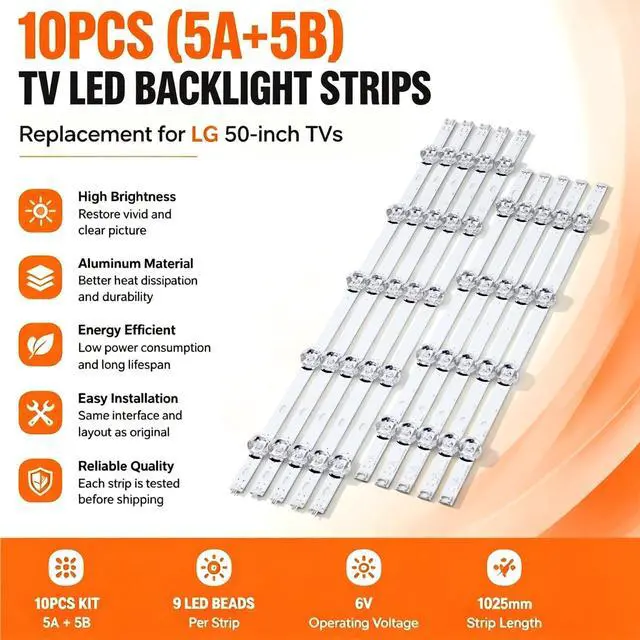 Alt view image 3 of 7 - 10PCS (5A+5B) TV LED Backlight Strips Replacement for LG 50-inch | Replacement for 50LF6000 50LB5620 50LF6100 50LF5610 50LB570B 50LB5800 50LB580N 50LB650V Series, Aluminum, High Brightness