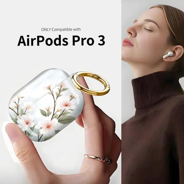 Alt view image 3 of 7 - Compatible with AirPod Pro 3 Case (2025), Shockproof Dustproof Protective Cover with Cute Golden Keychain for Women & Girls - Cherry Blossom Sky