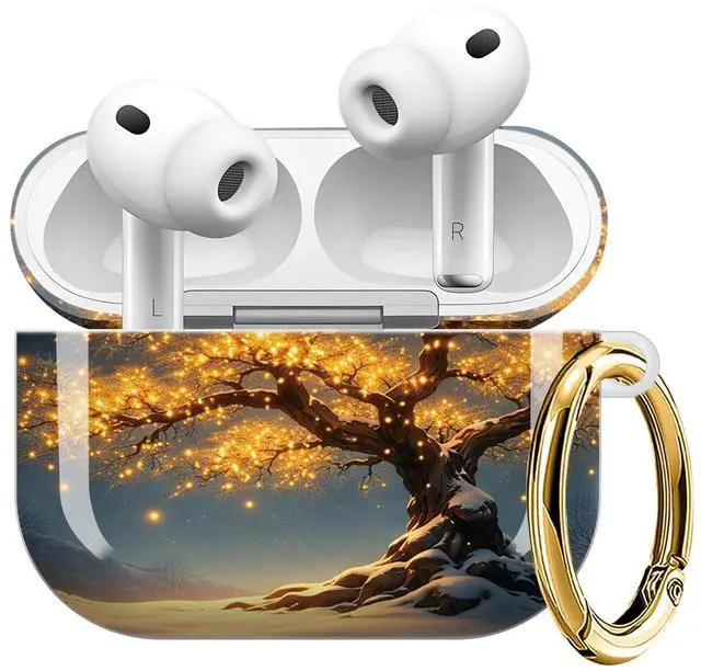 Main image of Compatible with AirPod Pro 3 Case (2025), Shockproof Dustproof Protective Cover with Cute Golden Keychain for Women & Girls - Golden Lights On Snowy Tree Night Sky