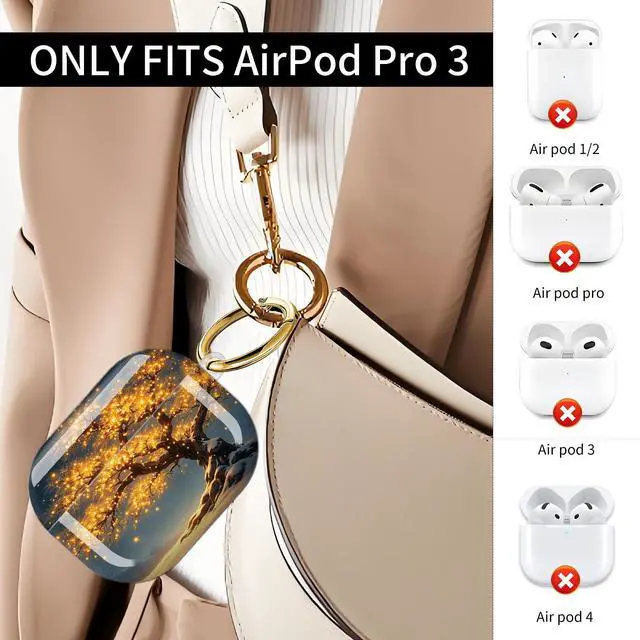 Alt view image 2 of 7 - Compatible with AirPod Pro 3 Case (2025), Shockproof Dustproof Protective Cover with Cute Golden Keychain for Women & Girls - Golden Lights On Snowy Tree Night Sky