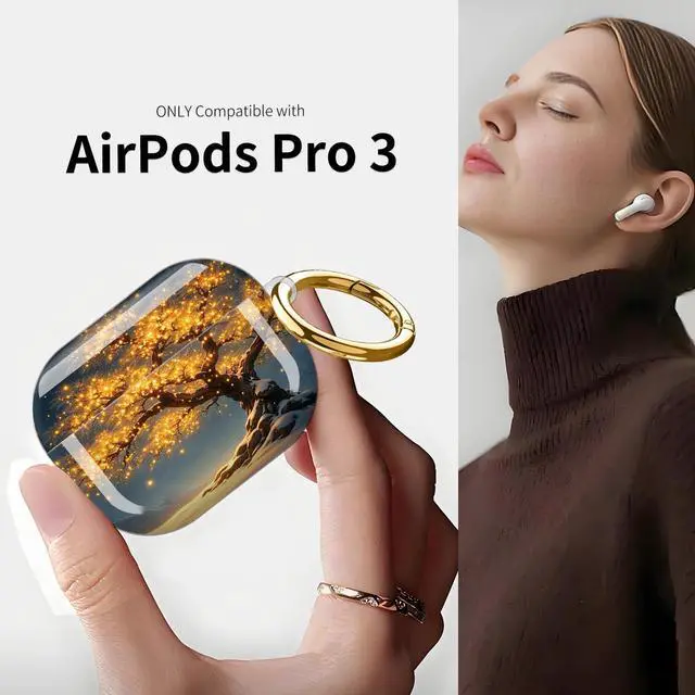 Alt view image 3 of 7 - Compatible with AirPod Pro 3 Case (2025), Shockproof Dustproof Protective Cover with Cute Golden Keychain for Women & Girls - Golden Lights On Snowy Tree Night Sky