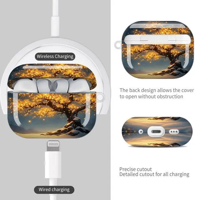 Alt view image 4 of 7 - Compatible with AirPod Pro 3 Case (2025), Shockproof Dustproof Protective Cover with Cute Golden Keychain for Women & Girls - Golden Lights On Snowy Tree Night Sky
