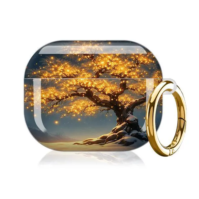 Alt view image 7 of 7 - Compatible with AirPod Pro 3 Case (2025), Shockproof Dustproof Protective Cover with Cute Golden Keychain for Women & Girls - Golden Lights On Snowy Tree Night Sky