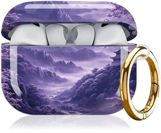 Main image of Compatible with AirPod Pro 3 Case,Protective Shockproof Cover with Keychain Ring, Stylish Design for Women, Cute Charging Case for AirPod Pro 3rd Generation(Purple Cherry Blossom Mountain Landscape)