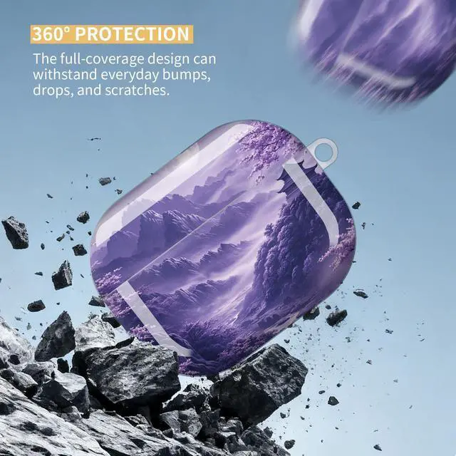 Alt view image 4 of 7 - Compatible with AirPod Pro 3 Case,Protective Shockproof Cover with Keychain Ring, Stylish Design for Women, Cute Charging Case for AirPod Pro 3rd Generation(Purple Cherry Blossom Mountain Landscape)