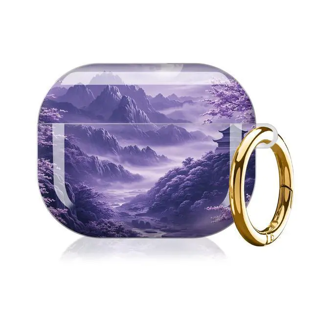 Alt view image 7 of 7 - Compatible with AirPod Pro 3 Case,Protective Shockproof Cover with Keychain Ring, Stylish Design for Women, Cute Charging Case for AirPod Pro 3rd Generation(Purple Cherry Blossom Mountain Landscape)