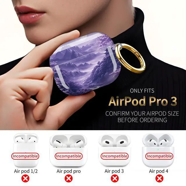Alt view image 3 of 7 - Compatible with AirPod Pro 3 Case,Protective Shockproof Cover with Keychain Ring, Stylish Design for Women, Cute Charging Case for AirPod Pro 3rd Generation(Purple Cherry Blossom Mountain Landscape)