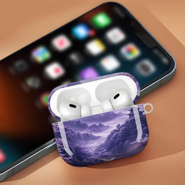Alt view image 6 of 7 - Compatible with AirPod Pro 3 Case,Protective Shockproof Cover with Keychain Ring, Stylish Design for Women, Cute Charging Case for AirPod Pro 3rd Generation(Purple Cherry Blossom Mountain Landscape)