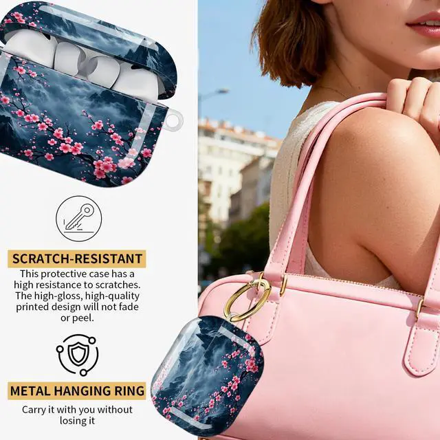 Alt view image 2 of 7 - Compatible with AirPod Pro 3 Case,Protective Shockproof Cover with Keychain Ring, Stylish Design for Women, Cute Charging Case for AirPod Pro 3rd Generation(Pink Blossoms Mountains)