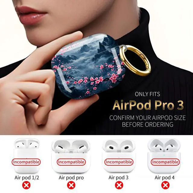 Alt view image 3 of 7 - Compatible with AirPod Pro 3 Case,Protective Shockproof Cover with Keychain Ring, Stylish Design for Women, Cute Charging Case for AirPod Pro 3rd Generation(Pink Blossoms Mountains)