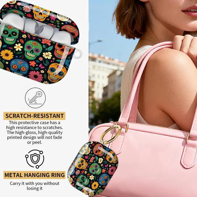 Alt view image 2 of 7 - Compatible with AirPod Pro 3 Case,Protective Shockproof Cover with Keychain Ring, Stylish Design for Women, Cute Charging Case for AirPod Pro 3rd Generation(Colorful Sugar Skulls Floral)