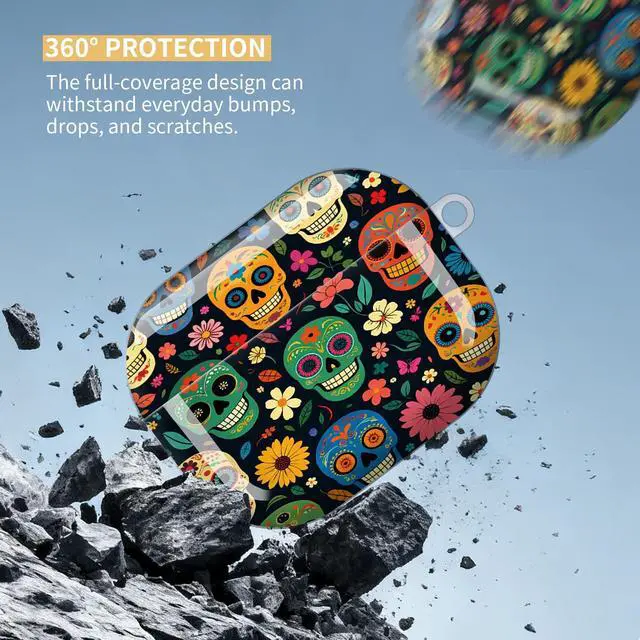 Alt view image 4 of 7 - Compatible with AirPod Pro 3 Case,Protective Shockproof Cover with Keychain Ring, Stylish Design for Women, Cute Charging Case for AirPod Pro 3rd Generation(Colorful Sugar Skulls Floral)