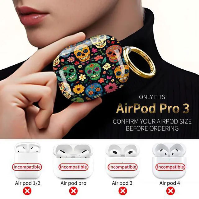 Alt view image 3 of 7 - Compatible with AirPod Pro 3 Case,Protective Shockproof Cover with Keychain Ring, Stylish Design for Women, Cute Charging Case for AirPod Pro 3rd Generation(Colorful Sugar Skulls Floral)