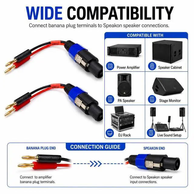 Alt view image 2 of 7 - Speakon to Banana Plug Speaker Cables 2 Pack - 12AWG Gold Plated Professional Speaker Wire 6 Inch