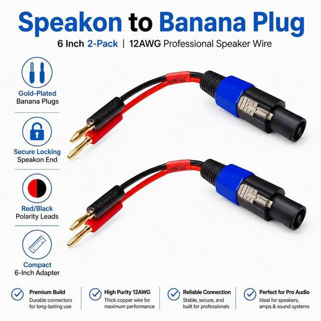 Alt view image 3 of 7 - Speakon to Banana Plug Speaker Cables 2 Pack - 12AWG Gold Plated Professional Speaker Wire 6 Inch