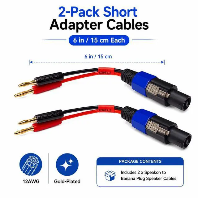Alt view image 4 of 7 - Speakon to Banana Plug Speaker Cables 2 Pack - 12AWG Gold Plated Professional Speaker Wire 6 Inch