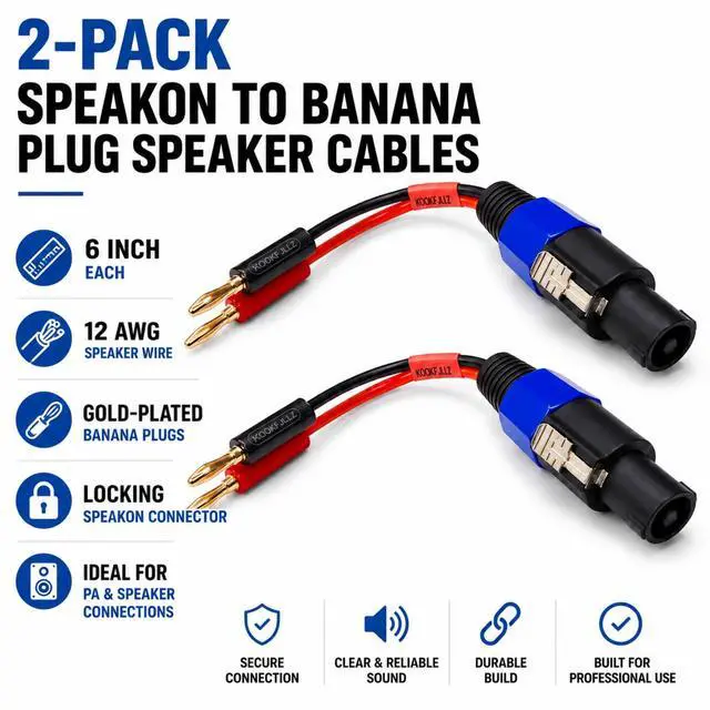 Alt view image 5 of 7 - Speakon to Banana Plug Speaker Cables 2 Pack - 12AWG Gold Plated Professional Speaker Wire 6 Inch