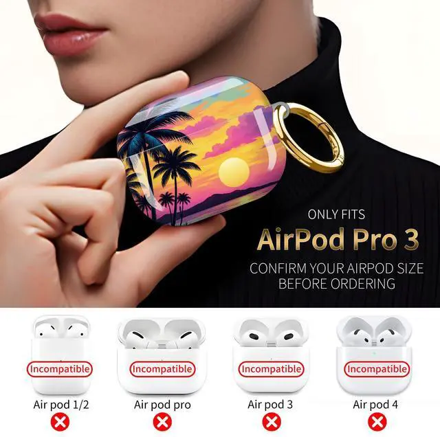 Alt view image 3 of 7 - Compatible with AirPod Pro 3 Case,Protective Shockproof Cover with Keychain Ring, Stylish Design for Women, Cute Charging Case for AirPod Pro 3rd Generation(Tropical Sunset Palm Island)
