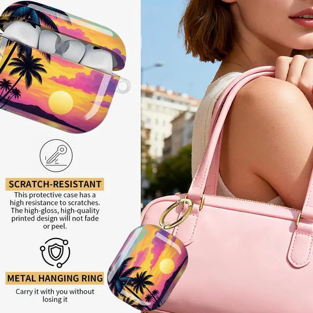 Alt view image 2 of 7 - Compatible with AirPod Pro 3 Case,Protective Shockproof Cover with Keychain Ring, Stylish Design for Women, Cute Charging Case for AirPod Pro 3rd Generation(Tropical Sunset Palm Island)
