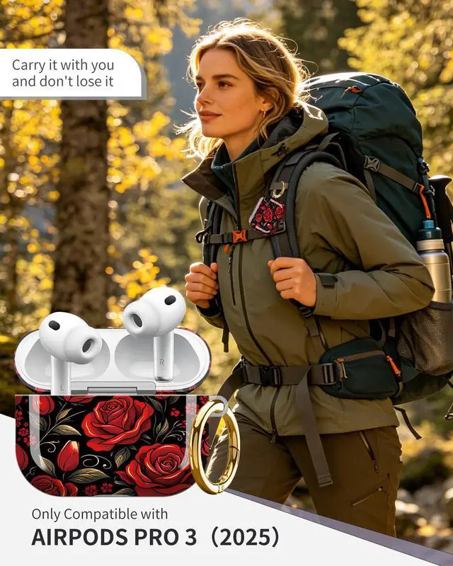Alt view image 2 of 6 - Compatible with Airpod Pro 3rd Gen Case 2025,Anti-Drop Cover with Keychain,Artistic Multi-Pattern Protective Shell for Daily Commute,Workout&Gifting(Red Roses Black Background Floral)