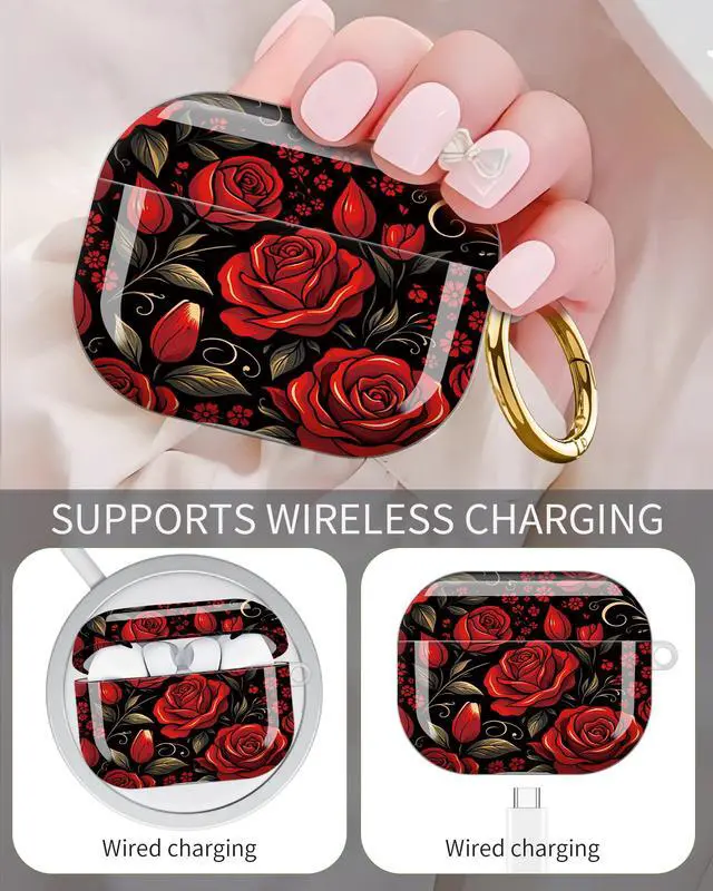 Alt view image 3 of 6 - Compatible with Airpod Pro 3rd Gen Case 2025,Anti-Drop Cover with Keychain,Artistic Multi-Pattern Protective Shell for Daily Commute,Workout&Gifting(Red Roses Black Background Floral)