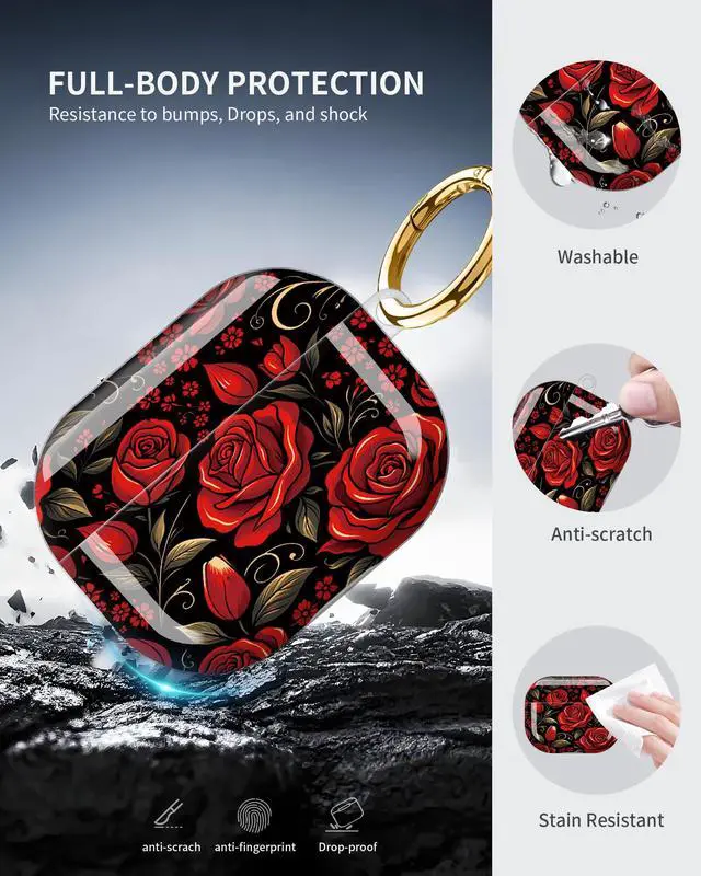 Alt view image 5 of 6 - Compatible with Airpod Pro 3rd Gen Case 2025,Anti-Drop Cover with Keychain,Artistic Multi-Pattern Protective Shell for Daily Commute,Workout&Gifting(Red Roses Black Background Floral)